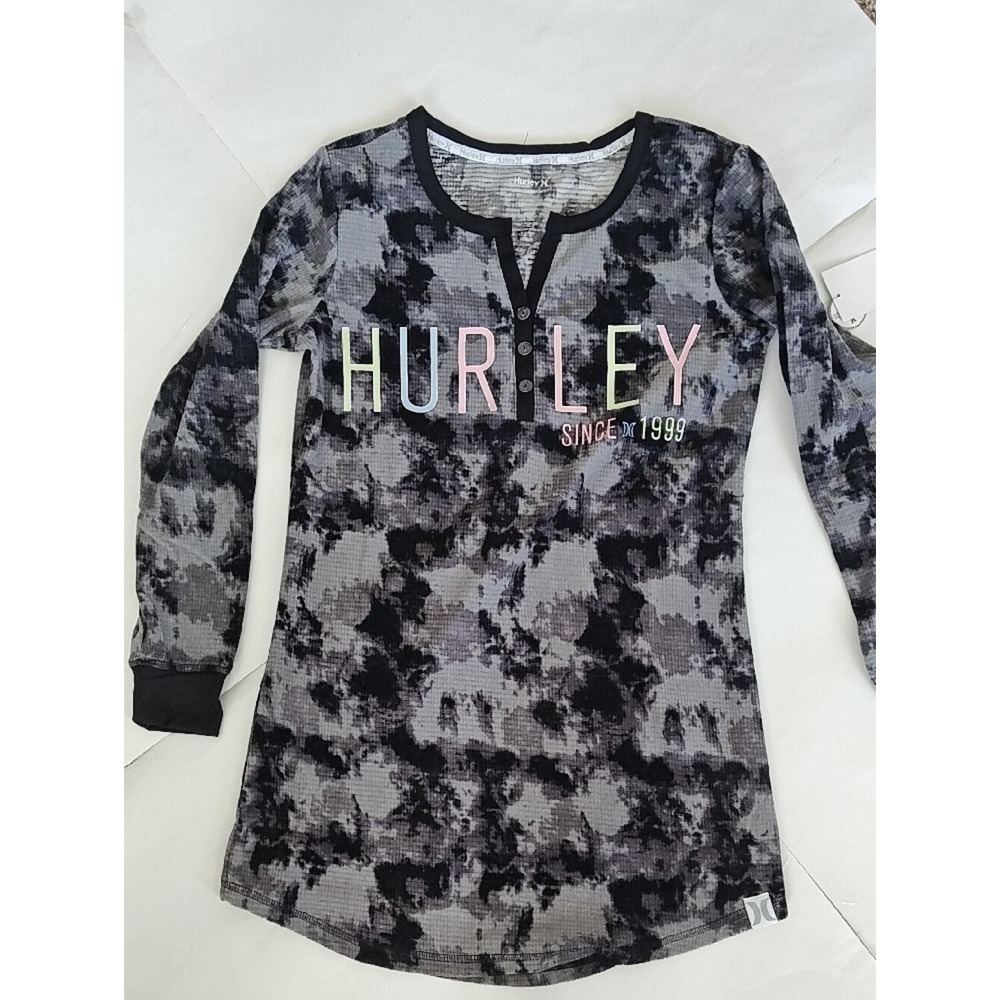 Hurley Women Grey Tie Dye Waffle Knit Henley Sleep Shirt Long Sleeve‎ Small